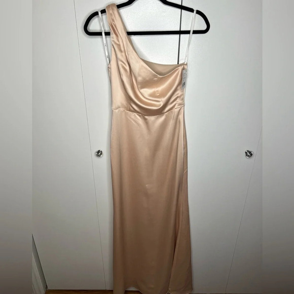 ONE SHOULDER MAXI DRESS BY LOVELY- SIZE 0 NWT “CAMEO” blush pink color - Picture 2 of 9